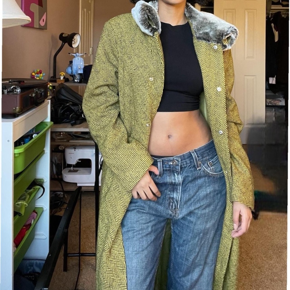 DKNY Olive Herringbone Long Wool Coat